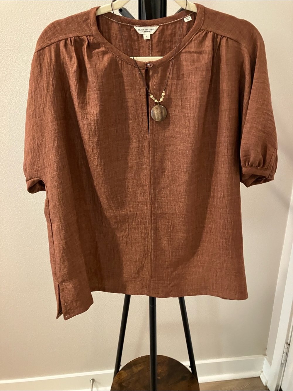 Max Studio Rust Brown Linen-Blend Puff-Sleeve Blouse